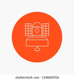 Satellite, broadcast, broadcasting, communication, telecommunication White Line Icon in Circle background. vector icon illustration