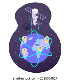 Satellite broadcasting signal from space to planet Earth, flat vector illustration. Satellite internet service. Gps and 5G high speed global network.