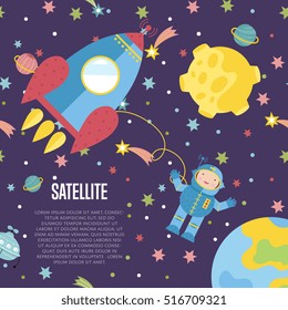 Satellite cartoon web template. Rocket with astronaut outer space among stars, planets, flying saucer vector illustration on violet background. For astronomical club, childrens cafe landing page