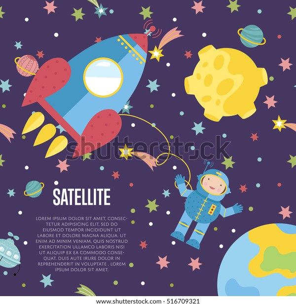 Satellite cartoon web template. Rocket with\
astronaut outer space among stars, planets, flying saucer vector\
illustration on violet background. For astronomical club, childrens\
cafe landing page
