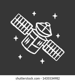 Satellite chalk icon. Sputnik. Artificial object in orbit. Space probe. Military and civilian Earth observation. Space telescope. GPS navigation. Isolated vector chalkboard illustration