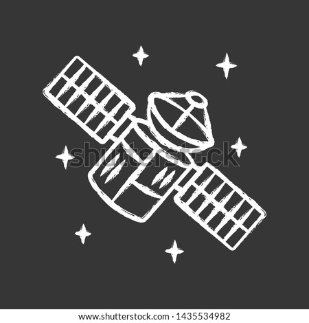 Satellite chalk icon. Sputnik. Artificial object in orbit. Space probe. Military and civilian Earth observation. Space telescope. GPS navigation. Isolated vector chalkboard illustration