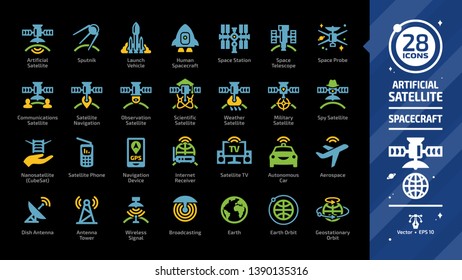 Satellite color icon set on a black background with dish and tower antenna, space station, earth orbit, wireless communication technology, GPS navigation signal, launch vehicle and more glyph sign.