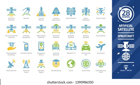 Satellite color icon set with sputnik, launch vehicle, human spacecraft, space station, telescope & probe, nanosatellite or cubesat, phone & navigation device, internet receiver glyph sign.