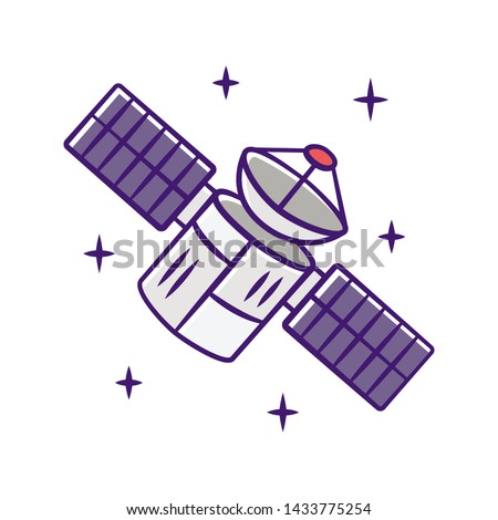 Satellite color icon. Sputnik. Artificial object in orbit. Space probe. Military and civilian Earth observation. Space telescope. GPS navigation. Isolated vector illustration