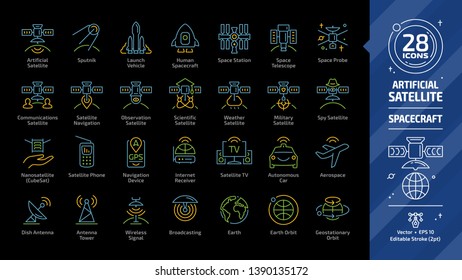 Satellite color outline icon set on a black background with dish and tower antenna, space station, earth orbit, wireless communication technology, GPS navigation signal editable stroke line sign.