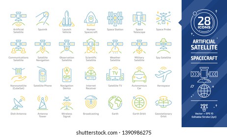 Satellite color outline icon set with communications, navigation, observation, scientific, weather, military, spy and nano artificial spacecrafts editable stroke line sign.