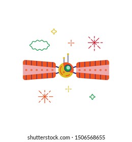 Satellite. Colorful flat cosmic illustration in vector. Universe exploration spacecraft. Design element for banner, flyer, web, app.