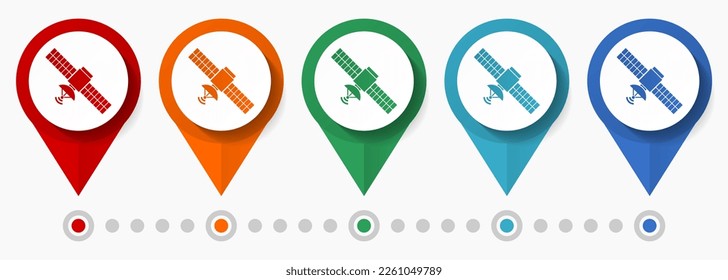 Satélite, conjunto de iconos de vector de concepto de comunicación, punteros de diseño plano, plantilla de infografía