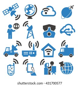 satellite, communication, connection icon set