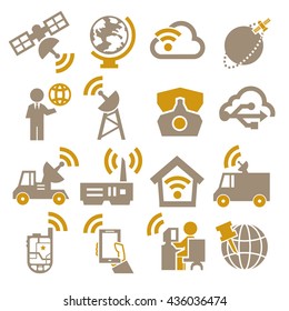 satellite, communication, connection icon set