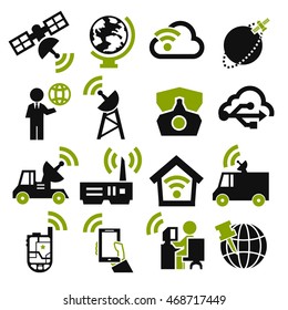 satellite, communication, connection icon set