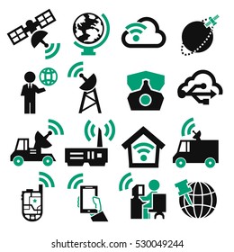 satellite, communication, connection icon set