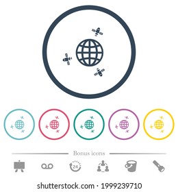 Satellite communication flat color icons in round outlines. 6 bonus icons included.