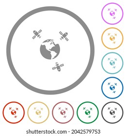 Satellite communication flat color icons in round outlines on white background