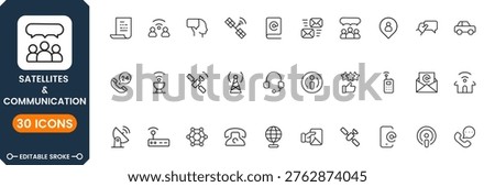 Satellite and communication icon set featuring wireless network, signal transmission, telecom technology, GPS systems, connectivity symbols