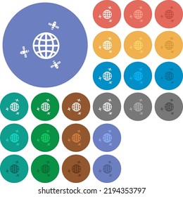 Satellite communication multi colored flat icons on round backgrounds. Included white, light and dark icon variations for hover and active status effects, and bonus shades.