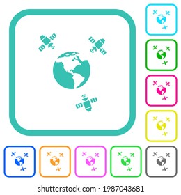 Satellite communication vivid colored flat icons in curved borders on white background