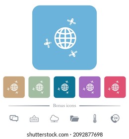 Satellite communication white flat icons on color rounded square backgrounds. 6 bonus icons included