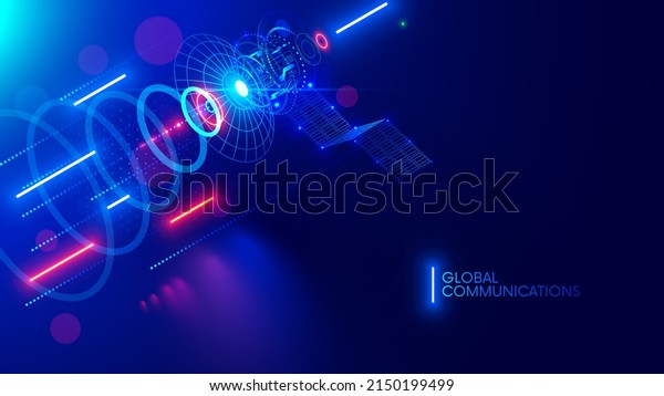 Satellite communications abstract banner. Satellite\
in space transmit wireless signal of global internet. Artificial\
earth satellite with solar panels on orbit broadcast transmission\
of internet data.