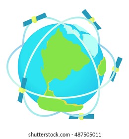 Satellite communications around world icon in cartoon style isolated on white background. Technology symbol vector illustration