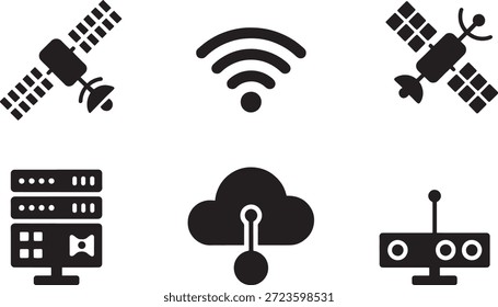 Sistema de comunicações por satélite com tecnologia de rede sem fios e símbolos de computação em nuvem que ilustram a transferência e a conectividade de dados a nível mundial.