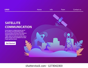 Satellite communication.Wireless technology.Landscape Urban. Landing page template.Flat vector.Artificial satellite.City skyline with skyscrapers.