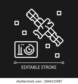 Satellite condition white linear icon for dark theme. Satellite status information. Thin line customizable illustration. Isolated vector contour symbol for night mode. Editable stroke