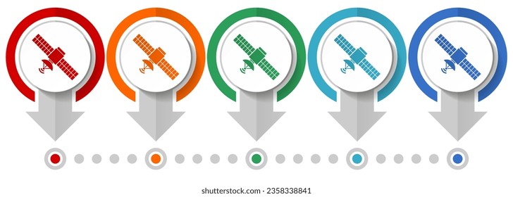 Satelliten-, Verbindungs-, Kommunikations-, Technologie-Vektorsymbol-Set, flache Design-Infografik-Vorlage, Zeiger-Konzept-Symbole in 5 Farboptionen für Webdesign und mobile Anwendungen