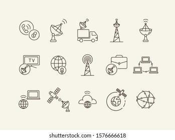 Satellite connection thin line icon set. Satellite, network, transmission, signal wave isolated sign pack. Communication services concept. Vector illustration symbol elements for web design and apps.