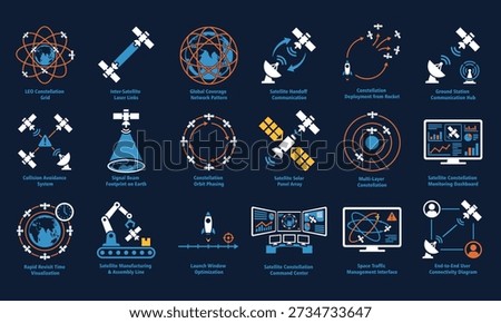 Satellite Constellations and Space Network Vector Icon Set. Flat Design Symbols for Global Coverage, Laser Links, and Satellite Communication Systems.