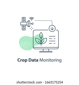 Satellite crop monitoring, smart automation system, modern agriculture technology, agritech concept, software solution, data processing, harvest improvement, agricultural efficiency, vector line icon
