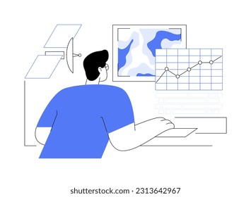 Satellite data analysis abstract concept vector illustration. Data analyst examines satellite indicators and info, natural science, space science, telecommunication sector abstract metaphor.