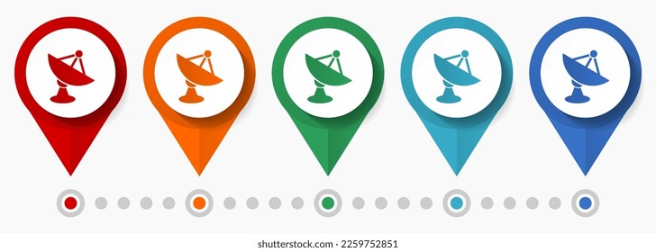 Satellite, dish, antenna concept vector icon set, flat design pointers, infographic template