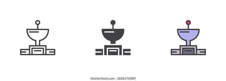 Antena parabólica ou conjunto de ícones de estilo diferente. Linha, glifo e preenchido esboço versão colorida, contorno e sinal de vetor preenchido. Símbolo, ilustração de logotipo. Gráficos vetoriais