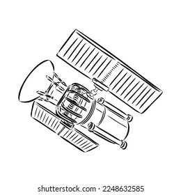 Satellite with dish antenna. Doodle style space satellite vector