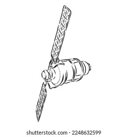 Satellite with dish antenna. Doodle style space satellite vector