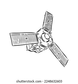 Satellite with dish antenna. Doodle style space satellite vector