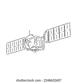 Satellite with dish antenna. Doodle style space satellite vector