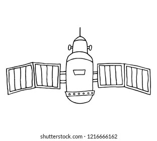 Satellite with dish antenna. Hand drawn sketch. Vector illustration.