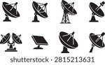 Satellite dish antenna icons set for space communication and radar broadcast