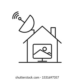 Satellite dish antenna on top of a house illustration. Outline thin line icon. Isolated on white background. 