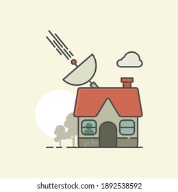 Satellite dish antenna on top of a house. Flat style illustration.