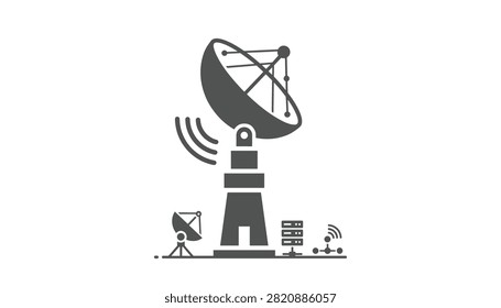 Satellite dish antenna on tower base with server and network nodes for space communication.
