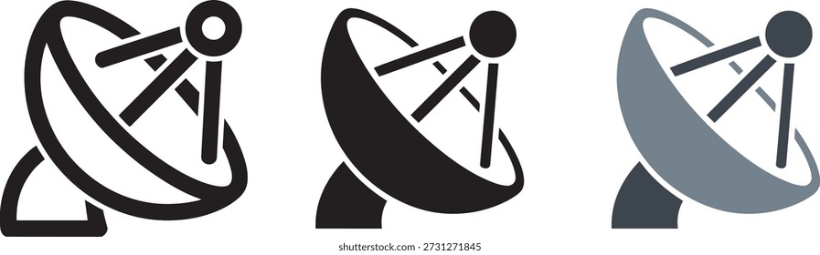 Placa parabólica antena receptor ícone vetor coleção mostrando telecomunicações tecnologia de conexão sem fio transmissão de sinal de espaço e sistema de radar