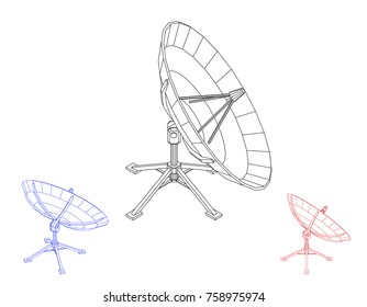 Satellite dish antenna set. Isolated on white background. Vector outline illustration.