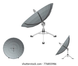 Satellite dish antenna set. Isolated on white background. 3D Vector illustration. Isometric projection.