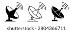 Satellite dish antenna with signal waves icon set. Parabolic radar transmitter, telecommunication broadcast symbol, space network receiver station, and digital wireless vector illustration.
