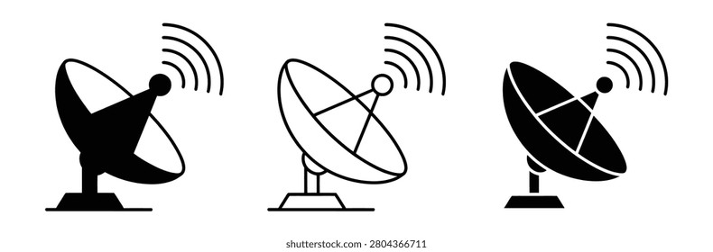 Satellite dish antenna with signal waves icon set. Parabolic radar transmitter, telecommunication broadcast symbol, space network receiver station, and digital wireless vector illustration.