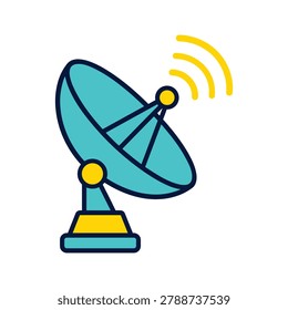 Satellite dish antenna transmitting and receiving signals, communication, broadcasting, technology and science icon.